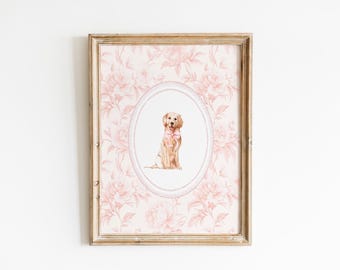 Aquarel Golden Retriever kunst aan de muur, hond meisje kinderkamer kunst aan de muur print, roze chinoiserie decor kinderkamer, Coquette Wall Art Print, afdrukbare