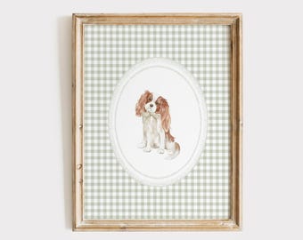 Cavalier King Charles-spaniël kwekerij print, pastel salie kwekerij decor, puppy print, neutrale kwekerij hond kunst aan de muur, aquarel hond print