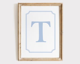 Art mural initial en T, cadre bleu nom art mural initial, impression en T monogramme, initiale de garçon imprimable, impression initiale de chambre de bébé garçon, cadeau bébé garçon