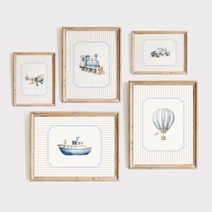 Vintage reizen kunst aan de muur, jongen vervoer kwekerij afdrukbare, kleine jongen vintage kamer decor, blauw en beige, hete ballon, digitale download