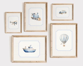 Vintage reizen kunst aan de muur, jongen vervoer kwekerij afdrukbare, kleine jongen vintage kamer decor, blauw en beige, hete ballon, digitale download