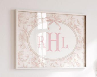 Pink Chinoiserie Nursery Wall Art, Girl Monogram Print, Vintage Nursery, Floral Girls Room Decor, Above Crib Wall Art