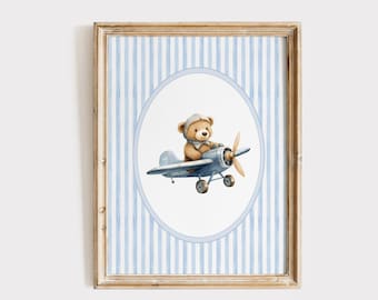 Teddy Bear Airplane Wall Art, Boy Nursery Decor, Blue Aircraft Poster, Farmhouse Baby Print, Little Boy Vintage Room, Instant Download
