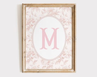 Pink Chinoiserie Monogram Wall Art, Monogram Letter M Print, Floral Girl Nursery Decor, Pink Grandmillenial Print, Monogram Girl Wall Art