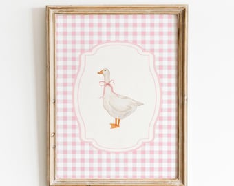Gingham Goose Nursery Wall Art, Vintage Goose Print, Baby Girl Nursery, Coquette Goose Pink Bow Wall Art, Girl Room Decor