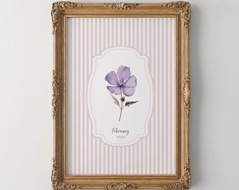 Geburtsmonat Blume, FEBRUAR, Violett Wandkunst, Vintage Blumendruck, Botanische Blume Wand Kunst Dekor, personalisiertes Geschenk, digitaler Download