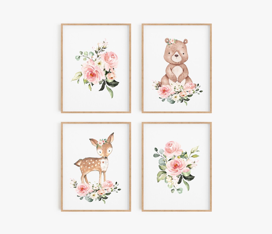 Floral Woodland Nursery Decor Pink Girl Nursery Wall Art Etsy
