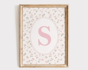 Floral Initial S Wall Art, Pink Name Initial Wall Art, Monogram S Print, Vintage S Initial Wall Art, Girl Nursery Initial Print, Baby Gift