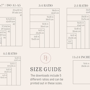 May include: A beige size guide chart with various rectangular outlines indicating print sizes. Includes measurements in inches and centimeters for different aspect ratios, such as 5x7", 8x10", and 11x14". Text reads "SIZE GUIDE" and "The downloads include 5 different ratios and can be printed out in these sizes."
