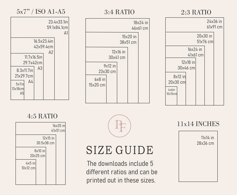 May include: A beige size guide chart with various rectangular outlines indicating print sizes. Includes measurements in inches and centimeters for different aspect ratios, such as 5x7", 8x10", and 11x14". Text reads "SIZE GUIDE" and "The downloads include 5 different ratios and can be printed out in these sizes."