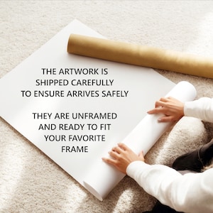 May include: A large, blank white sheet of paper being rolled up, accompanied by a brown cardboard mailing tube. The text on the paper reads: THE ARTWORK IS SHIPPED CAREFULLY TO ENSURE ARRIVES SAFELY. THEY ARE UNFRAMED AND READY TO FIT YOUR FAVORITE FRAME.