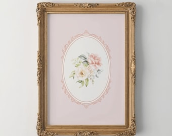 Lámina de arte floral vintage rosa para pared, pintura de flores, decoración de guardería estilo cottagecore, arte de pared de jardín inglés, decoración botánica, guardería de niña de las flores