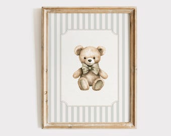 Sag Green Bear Nursery Print, Vintage Bear Nursery Decor, Bear Bow Poster, Teddy Bear Neutral Nursery Wall Art, Boy Nursery, Girls Room