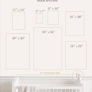 May include: A size guide chart featuring brown outlines of various rectangular frames with dimensions in inches: 5x7, 8x10, 11x14, 16x20, 18x24, 20x30, and 24x36. Below, a line indicates a 54-inch standard crib width. A circular PF logo is present.