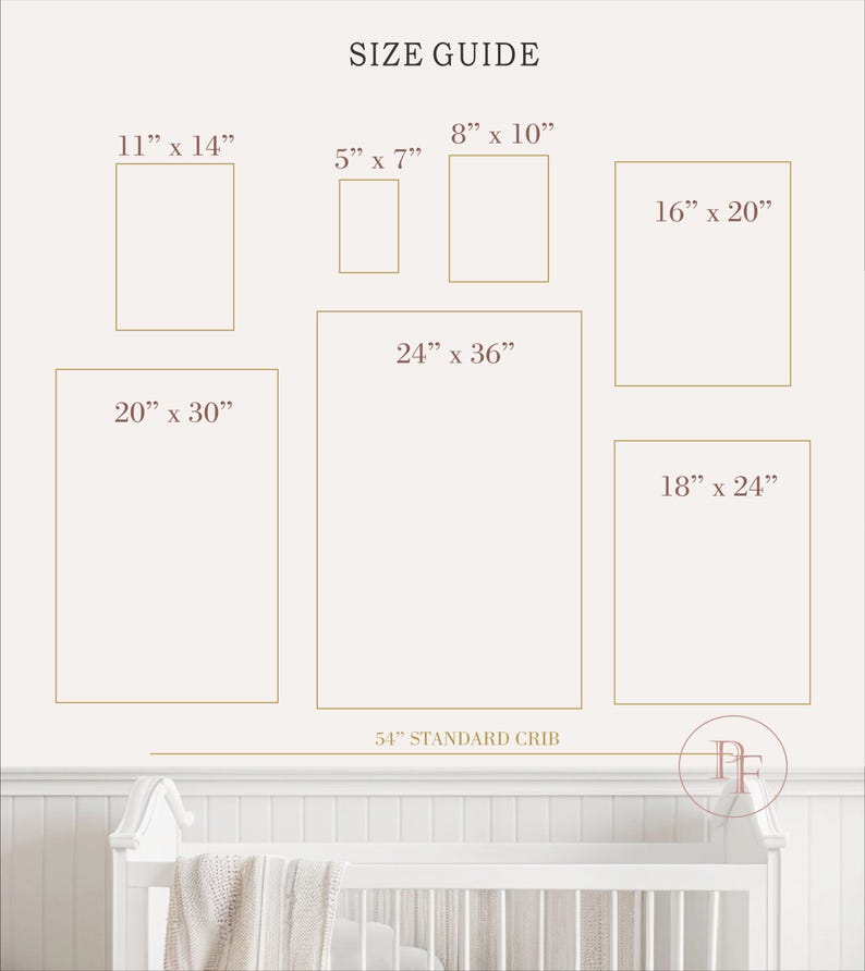 May include: A size guide chart featuring brown outlines of various rectangular frames with dimensions in inches: 5x7, 8x10, 11x14, 16x20, 18x24, 20x30, and 24x36. Below, a line indicates a 54-inch standard crib width. A circular PF logo is present.