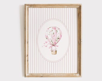 Roze heteballon kunst aan de muur, vintage meisje kinderkamer decor, bloemen heteballon print, meisjeskamer, lichtroze grandmillenial, afdrukbaar