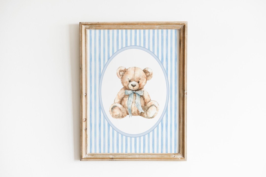 Vintage Bear Blue Wall Art, Boy Nursery Decor, Bear Blue Bow Poster