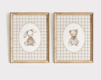 Neutral Nursery Art Set, Teddy Bear Bunny Prints, Beige Baby Room Decor, Gingham Wall Design, Vintage Style, Printable Download