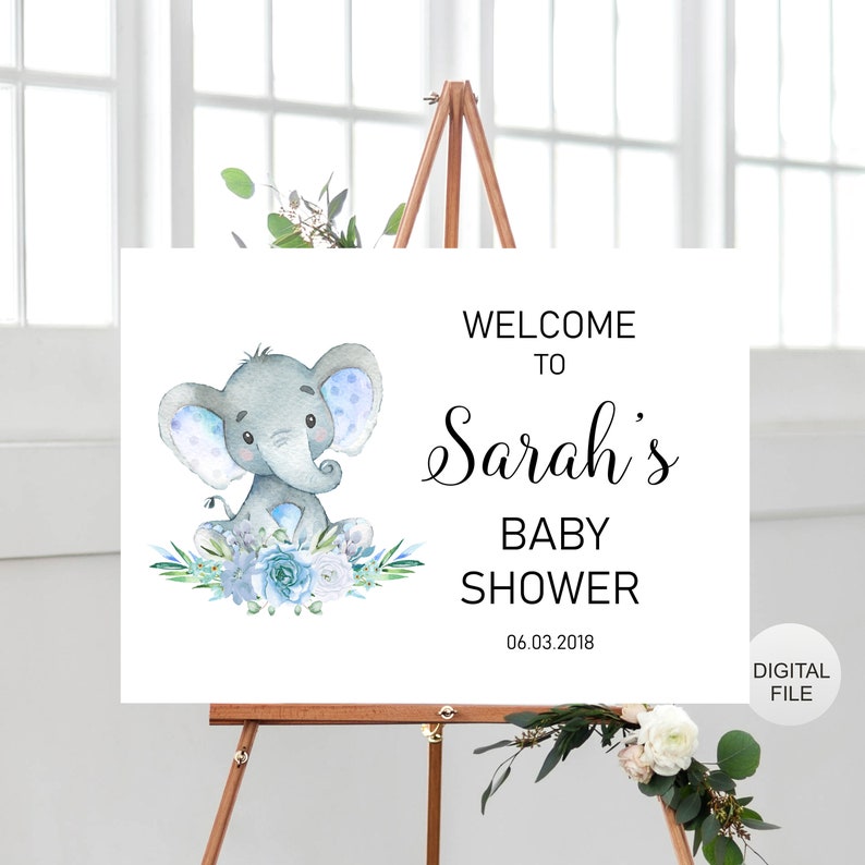Elephant Baby Shower Welcome Sign Landscape Poster BE1 Baby Boy Africa Animal Printable Floral Shades of Blue Welcome Poster