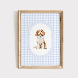 Gouden doodle kwekerij print, blauw pastel kwekerij decor, puppy kwekerij print, hond jongen kinderkamer kunst aan de muur, hond print, jongens kamer puppy kunst aan de muur