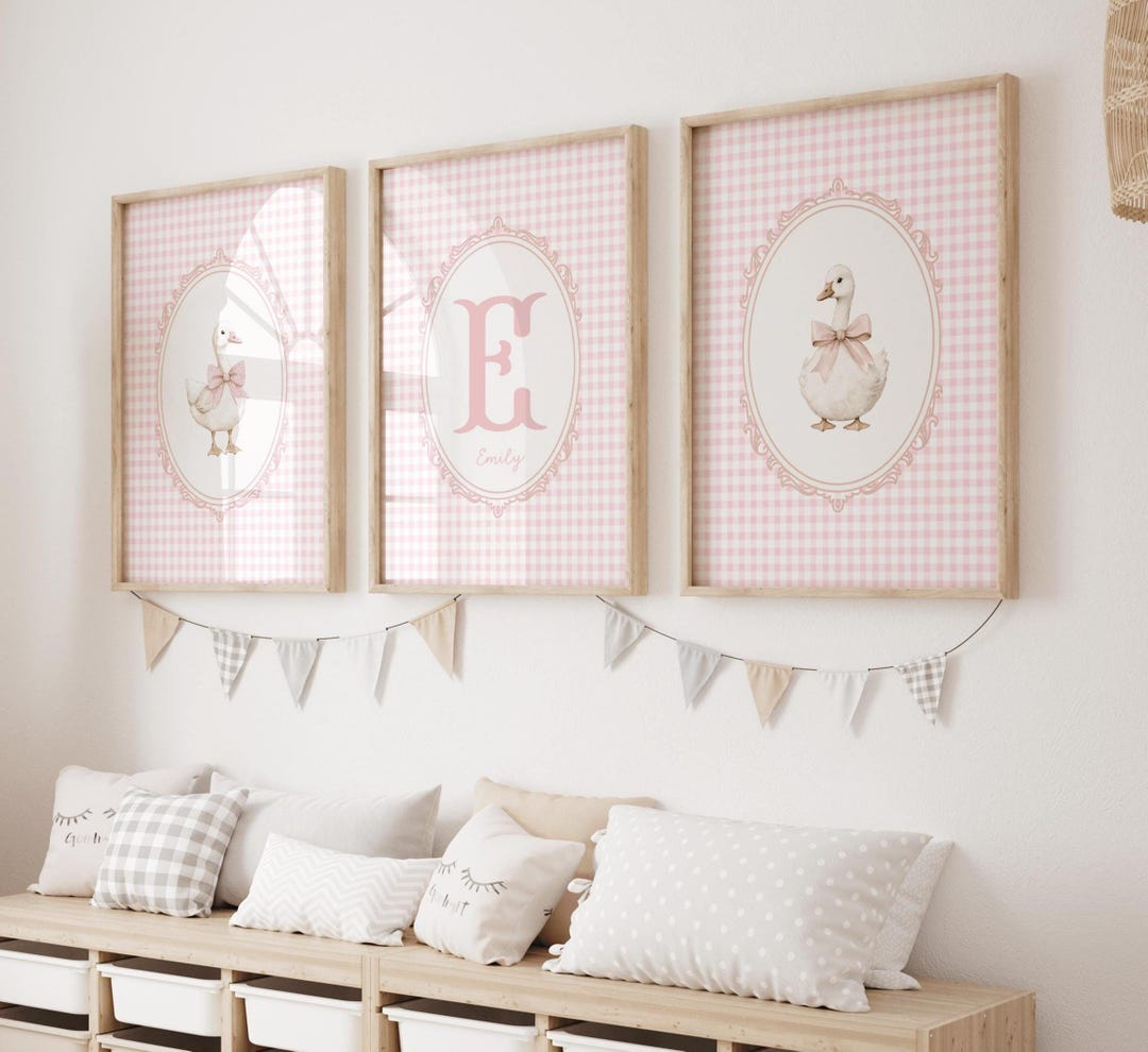 Silly Goose Nursery Wall Art Set, Pink Gingham, Custom Initial Print ...