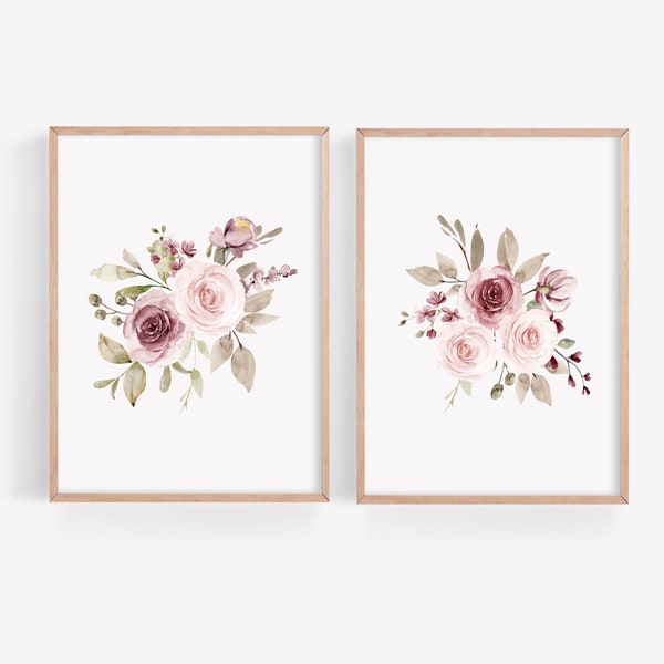 Dusty Roses Nursery Decoration, Baby Girl Nursery Wall Art Prints, Floral Nursery Decor, Pink Floral Bouquet, Watercolor Flowers Wall Art