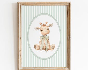 Vintage Giraffe Sage Green Wall Art, Gender Neutral Nursery Decor, Giraffe Bow Poster, Sage Nursery Decor, Giraffe Vintage Room, Printable