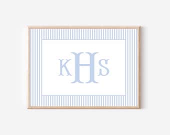 Boy Monogram Nursery Wall Art, Blue Stripes Nursery Decor, Baby Boy Initials Print,  Boys Room Decor, Above Crib Poster, Baby Shower Gift