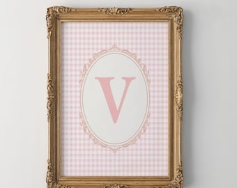 Art mural initial en V, art mural initial du nom Vichy rose, impression monogramme, art mural initial en V vintage, lettre initiale pour chambre d'enfant, cadeau bébé