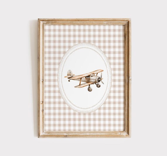 Vintage Plane Wall Art, Boy Travel Nursery Decor, Tan Gingham Biplane Print, Neutral Nursery, Little Boy Vintage Room Decor, Printable