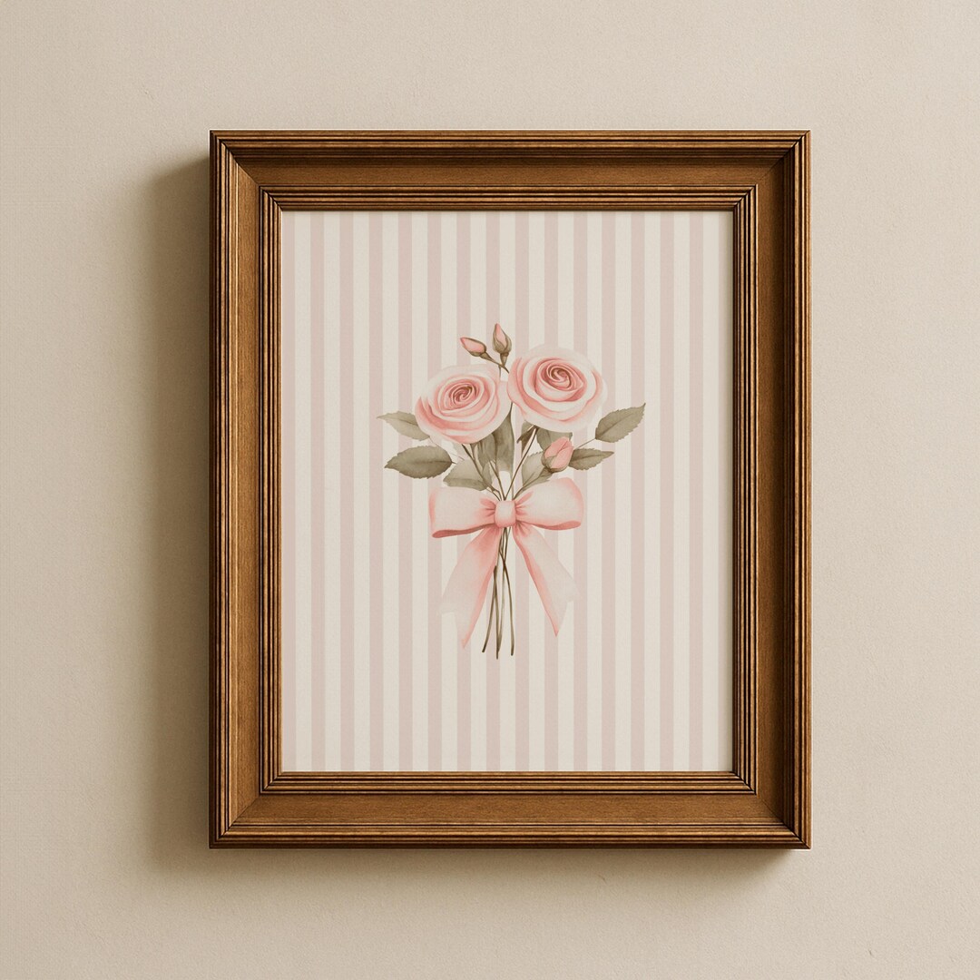Pink Roses Nursery Wall Art, Floral Girls Room Decor, Floral Striped ...
