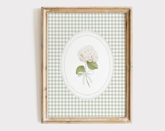 White Watercolor Hydrangea Print, Green Gingham Hydrangea, White Hydrangea Wall Art, Botanical Art, Chinoiserie Floral, Hydrangea Poster