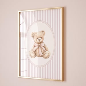 Väggkonst med rosa vintagebjörn för barnrum, barnrumsdekor för flickor, rosa ränder för barnrum, affisch med rosa rosett och björn, vintagerumsdekor för flickor, utskrivbar bild 3