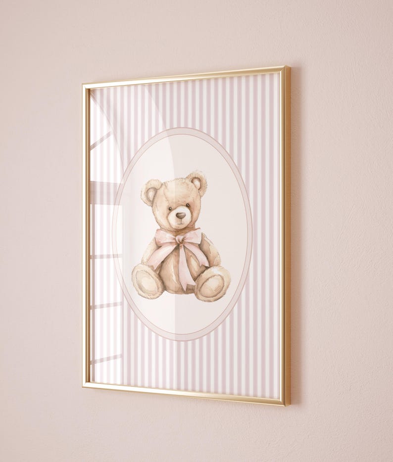 Väggkonst med rosa vintagebjörn för barnrum, barnrumsdekor för flickor, rosa ränder för barnrum, affisch med rosa rosett och björn, vintagerumsdekor för flickor, utskrivbar bild 3
