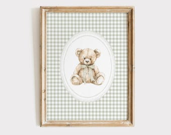 Vintage Bear Nursery Print, Sage Green Gingham Nursery Decor, Bear Bow Poster, Teddy Bear Neutral Nursery Wall Art, Boy Nursery, Girls Room