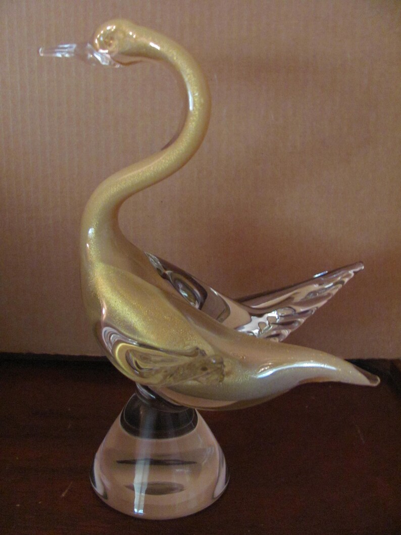 Vintage Original Hand Blown Art Glass Gold /& Clear Swan 11 x 9.5