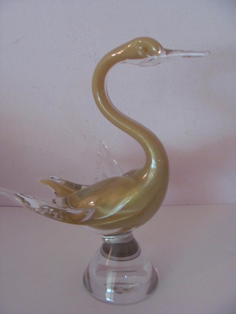 Vintage Original Hand Blown Art Glass Gold /& Clear Swan 11 x 9.5