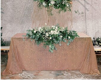 Rose Gold Sequin Wedding Tablecloth 60 By 102 Inch Rectangular Polyester Cloth, Shiny Sequin Quality Tablecloth For Special Event Or Party
