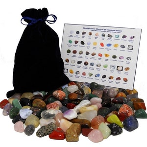 Gift Stones Mixed Lot 101+ Assorted Mix of Natural Mineral Tumbled Gemstones With Velvet Bag and Learning ID Chart, Perfect Gift For Kids