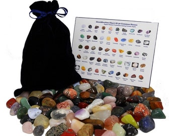 Gift Stones Mixed Lot 101+ Assorted Mix of Natural Mineral Tumbled Gemstones With Velvet Bag and Learning ID Chart, Perfect Gift For Kids