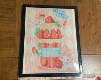 Hello Kitty My melody Sanrio with large strawberry parfait, diamond dotz beads framed, unique she’ll Kitty fan gift made entire shiny beads