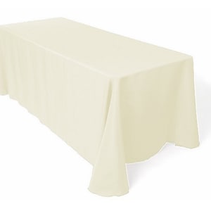 May include: A plain, off-white rectangular tablecloth. The tablecloth is made of a smooth, wrinkle-resistant fabric.