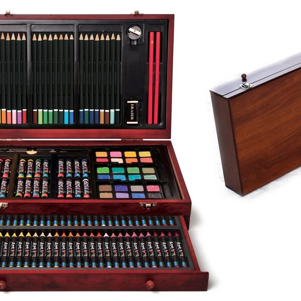 Deluxe Wood Case With Drawer And 142 Piece Art Supplies, For Creative Beginning Artists, Art Gift Set For Young Artists Or Art Beginners