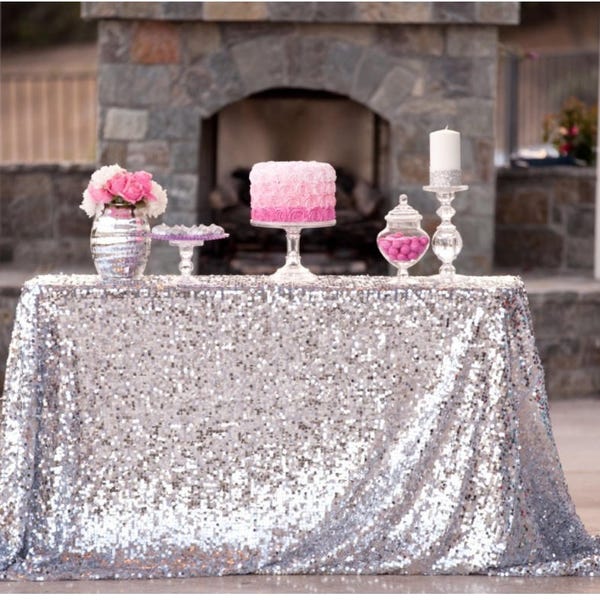 Silver Sequin Wedding Tablecloth 50 By 72 In Rectangular Polyester Sequin Cloth, Shiny Sequin Quality Tablecloth For Special Event Or Party
