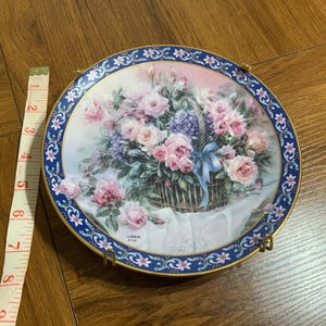 Vintage 1992 Lena Liu porcelain plate roses basket bouquets, limited edition with wall hanger, floral multicolor display for decoration gift