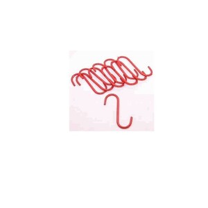 May include: A set of ten red metal S-shaped hooks. The hooks are designed for hanging items on a wall or rack.