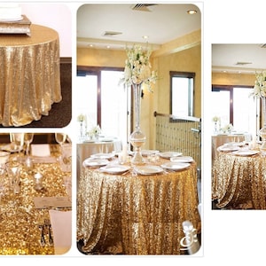 Gold Sequin Wedding Tablecloth 90 Inch Round Polyester Sequin Cloth, Shiny Sequin Quality Tablecloth For Special Wedding Event Or Parties