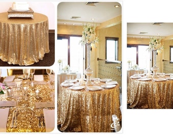 Gold Sequin Wedding Tablecloth 90 Inch Round Polyester Sequin Cloth, Shiny Sequin Quality Tablecloth For Special Wedding Event Or Parties