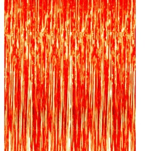 May include: A bright red metallic fringe curtain, suitable for party decorations. The curtain is made up of vertical strands of shiny material, creating a shimmering effect. Suitable for photo backdrops or event decor.