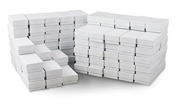 White Jewelry Gift Boxes Cotton Filled 100 Count Square Cardboard